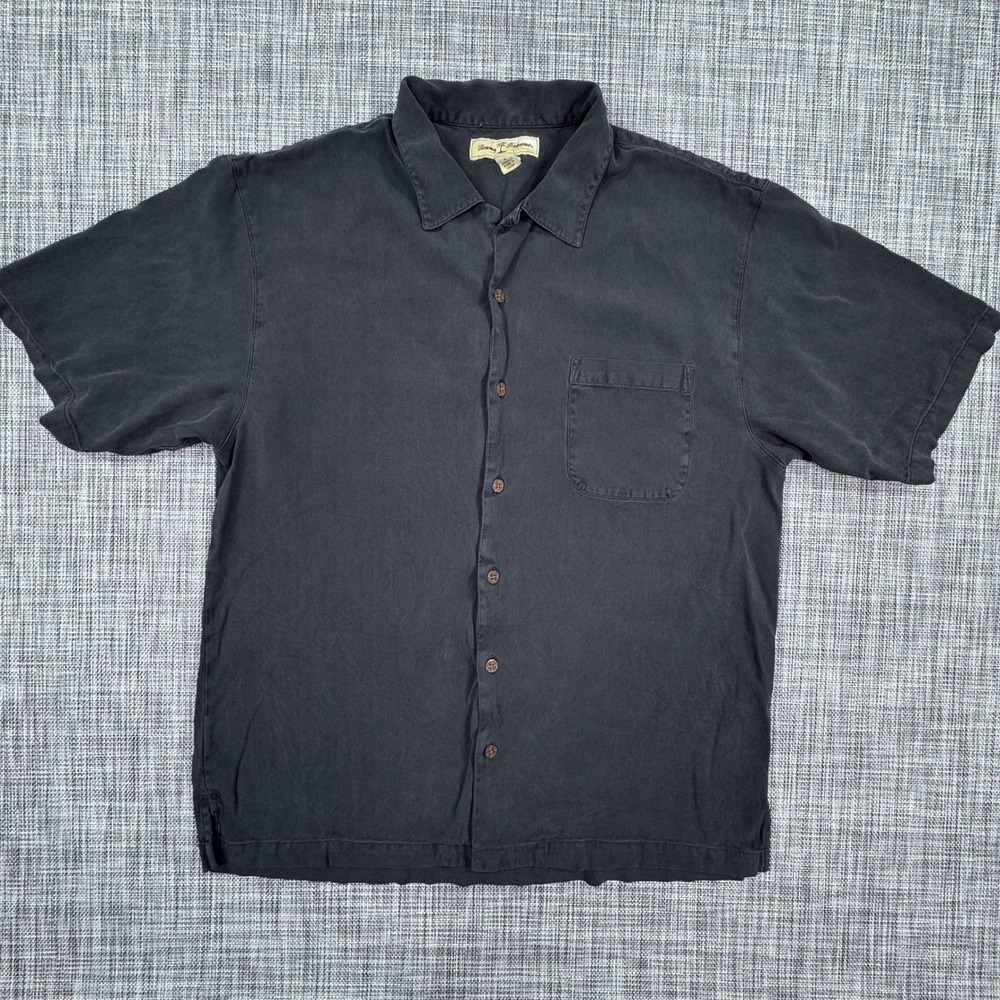 Tommy Bahama Mens Large Black Silk Camp Shirt Short Sleeve Button Front Pocket